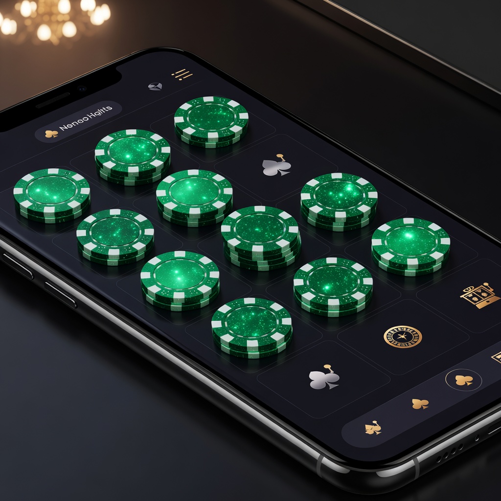 Interfaz premium de casino online móvil con fichas verdes brillantes